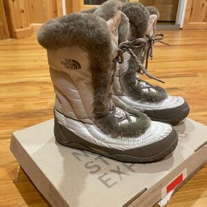 The North Face White and Gray Fur-Trimmed Boots